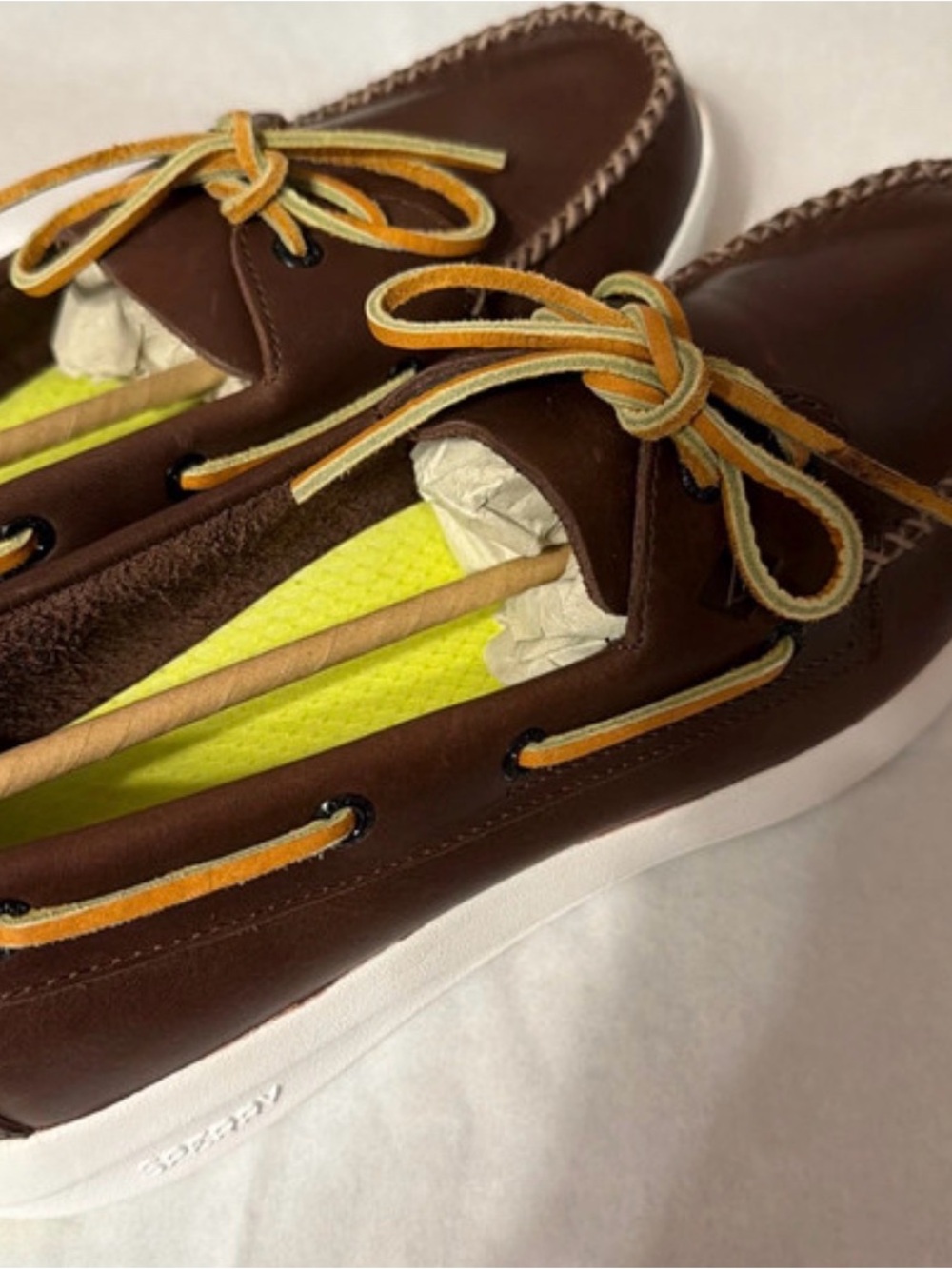 Sperry Brown Leather Boat Shoes with Neon Yellow Insole and Two-Tone Laces
